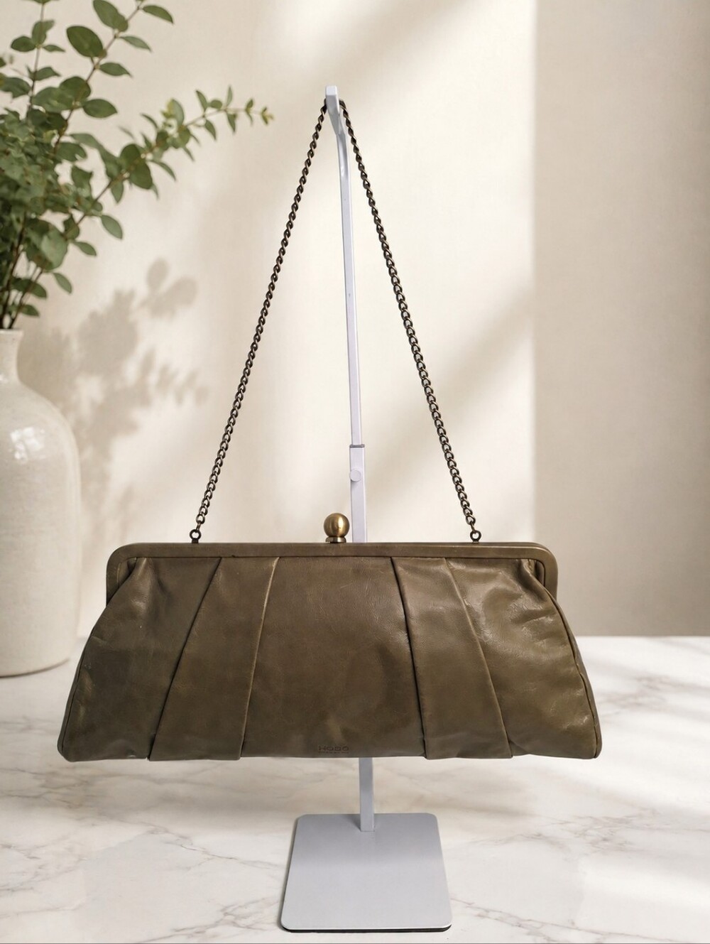 HOBO International Vintage Olive Leather Pleated Kiss Lock Chain Shoulder Bag